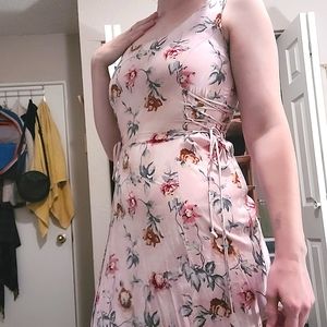 Pink Floral Lace-Up Dress